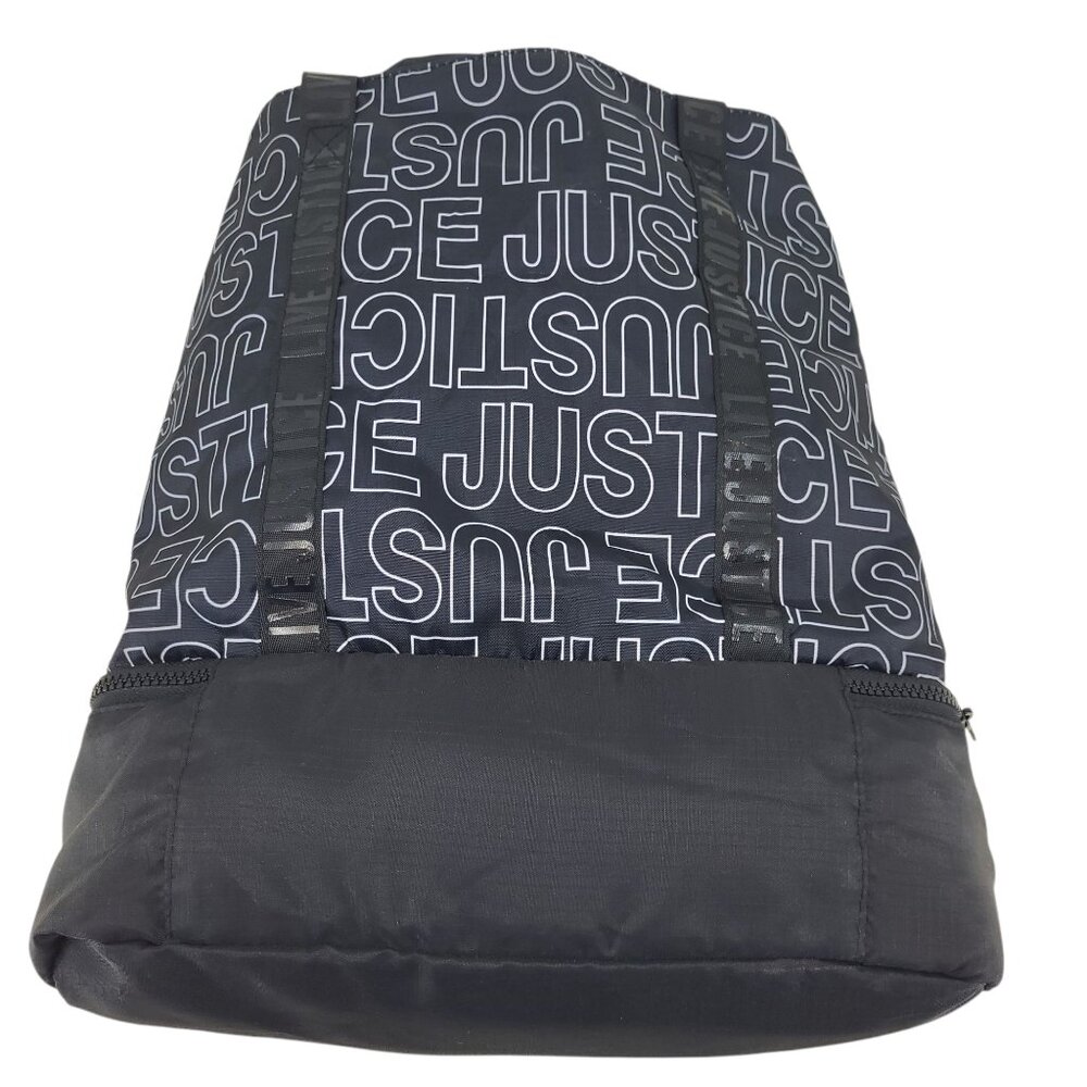 JUSTICE logo black drawstring tote bag ~ overnight, dance, sports, adventure!